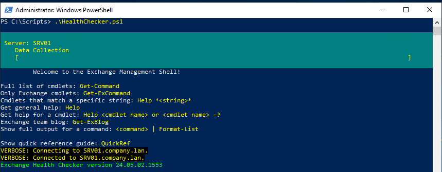 8_The script will connect to the installed Exchange Server and start the process of collecting and analyzing the data